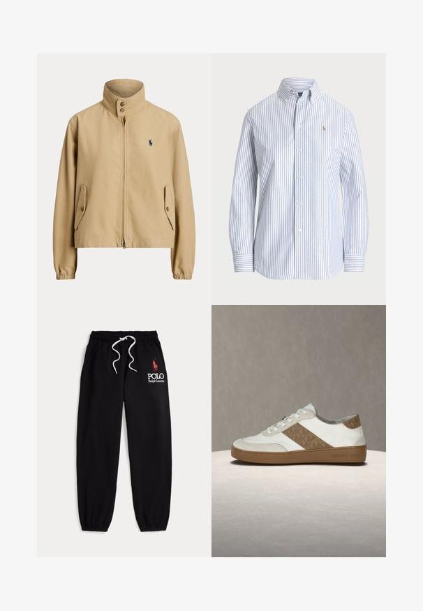 Smėlinis medvilninis švarkas su aukštu kraštu, dviem šoninėms kišenėms, užtrauktuko uždarymu ir mažu mėlynu logotipu kairėje krūtinės pusėje. Elastingi rankogaliai.; Dryžuotas mygtukų marškinis šviesiai mėlynos ir baltos spalvos. Turi klasikinį apykaklę, ilgus rankovės ir mažą siuvinėtą logotipą ant krūtinės.; Juodos medvilnės mišinio laisvalaikio kelnės su elastine juosmens juosta ir raišteliu, gofruotais rankogaliais ir balto logotipo spaudiniu kairiajame šlaunies šone.; Balti sportbačiai su šviesiai smėlio spalvos zomšos akcentais, šonine dryžuota juosta, apvalia nosimi, baltais batraiščiais ir ruda gumine padu. Ant kulno yra prekės ženklas.