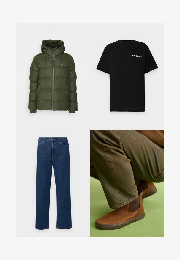 Olijfgroene pufferjas met een capuchon, ritssluiting en elastische mouwen. Heeft een gestikt ontwerp en een zachte, gestructureerde afwerking.; Zwart katoenen T-shirt met korte mouwen, ronde hals en een wit "Carhartt"-logo op de linkerborst. Gladde textuur, minimalistisch ontwerp.; Donkerblauwe rechte denim jeans met frontzakken en een knoopsluiting, weergegeven op een effen witte achtergrond.; Bruine leren enkellaarsjes met een gladde afwerking, elastische zijpanelen en rubberen zolen, gecombineerd met donkergroene gestructureerde broek.