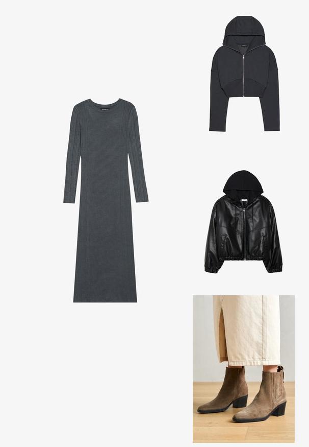 Chaqueta bomber de cuero sintético negra con una sudadera con capucha negra, cierre frontal con cremallera, cinturilla elástica y puños acanalados. Cuenta con bolsillos laterales y costuras.; Sudadera negra recortada de tejido suave, con cierre frontal, capucha grande y puños acanalados. Presenta un diseño minimalista sin patrones.; Vestido de manga larga de color gris oscuro hecho de un suave material de punto. Presenta rayas verticales texturizadas a lo largo de las mangas y el cuerpo. Cuello redondo.; Marc O'Polo LUNA - Botines - mid brown; Bolso de tela negra con dos bolsillos frontales que presentan detalles de lazo, asas dobles y cierre de cremallera. Textura suave y forma rectangular.