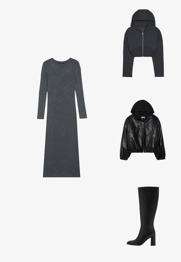 Giacca bomber nera in ecopelle con cappuccio nero, chiusura con zip, vita elasticizzata e polsini a costine. Presenta tasche laterali e cuciture.; Felpa nera tagliata, realizzata in un tessuto morbido, con zip frontale, ampio cappuccio e polsi a coste. Presenta un design minimalista senza pattern.; Abito a maniche lunghe di colore grigio scuro realizzato in morbido tessuto a maglia. Presenta righe verticali texturizzate lungo le maniche e il corpo. Collo rotondo.; Stivale nero al ginocchio, con tacco, realizzato in pelle liscia. Caratterizzato da una punta rotonda e un tacco spesso, con dettagli di cucitura minimi.