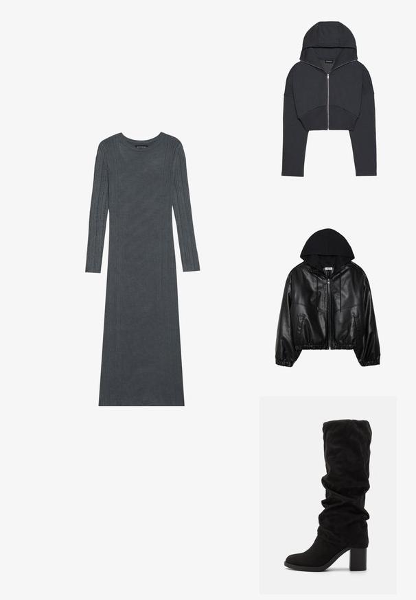 Veste bombardier en simili cuir noir avec un hoodie noir, fermeture éclair sur le devant, taille élastique et poignets côtelés. Comprend des poches latérales et des coutures.; Haut noir court en tissu doux avec fermeture éclair sur le devant, grande capuche et poignets côtelés. Présente un design minimaliste sans motifs.; Robe à manches longues, gris foncé, en matériau tricoté doux. Présente des rayures verticales texturées le long des manches et du corps. Encolure ronde.; Anna Field Bottes - black