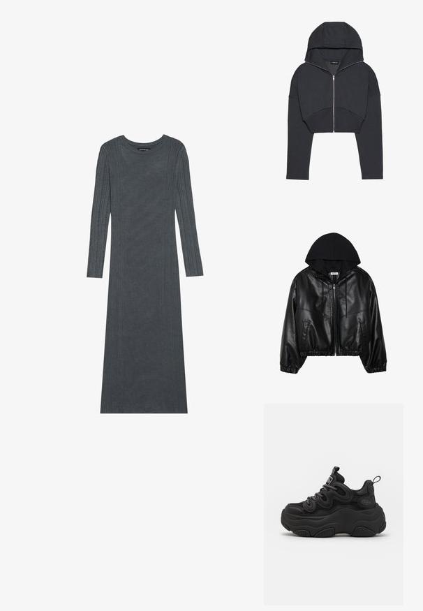 Crna bomber jakna od umjetne kože s crnom kapuljačom, patentnim zatvaračem sprijeda, elastičnom strukom i rebrastim manžetama. Ima bočne džepove i šavove.; Skraćeni crni dukserica od mekog materijala s prednjim zatvaračem, velikom kapuljačom i rebrastim manžetama. Ima minimalistički dizajn bez uzoraka.; Duga rukava, tamnosiva haljina od mekog pletenog materijala. Sadrži teksturirane vertikalne pruge duž rukava i tijela. Okrugli izrez.; Crne tenisice s robustnim dizajnom, s teksturiranim gornjim dijelom, mrežastim panelima i debelim gumenim potplatom. Reflektirajuće vezice i detalji brendiranja vidljivi.