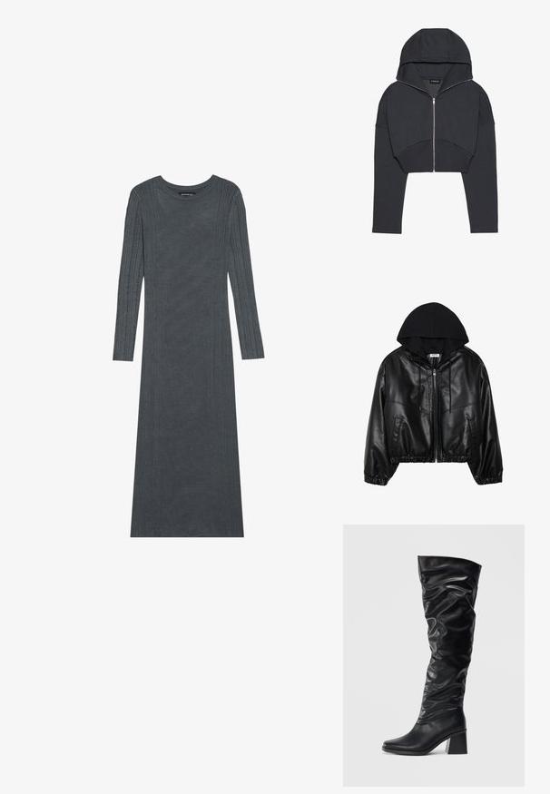 Schwarze Kunstleder-Bomberjacke mit einem schwarzen Kapuzenpullover, Reißverschluss vorne, elastischem Bund und gerippten Bündchen. Verfügt über seitliche Taschen und Nähte.; Gekürzter schwarzer Hoodie aus weichem Stoff mit Reißverschluss vorne, großer Kapuze und gerippten Bündchen. Hat ein minimalistisches Design ohne Muster.; Langärmliges, dunkelgraues Kleid aus weichem Strickmaterial. Mit strukturierten vertikalen Streifen entlang der Ärmel und des Körpers. Rundhalsausschnitt.; Schwarze kniehohe Stiefel aus glänzendem Leder mit einem lässigen Design, spitzer Zehenpartie und einem stabilen Blockabsatz. Sanfte Textur mit subtiler Glanz.