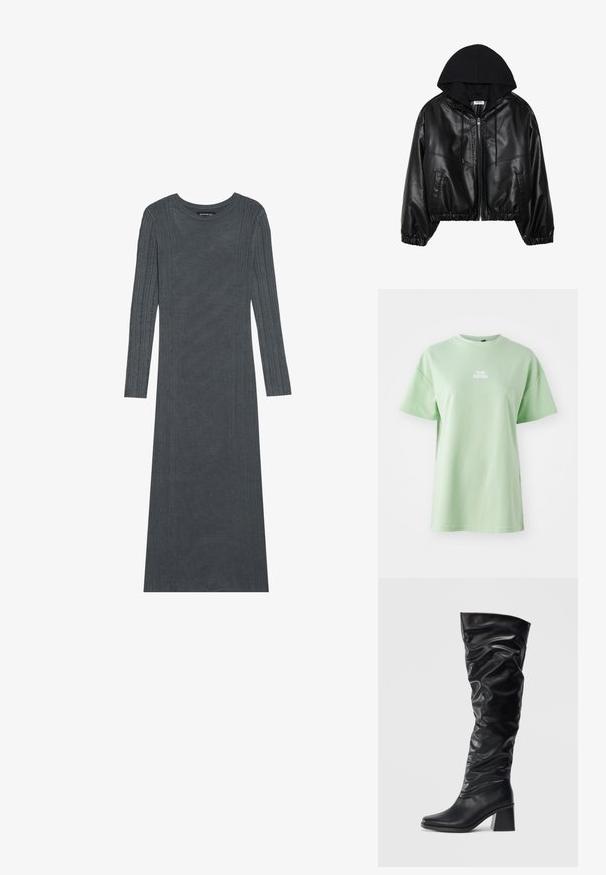 Svart bomberjakke i faux skinn med svart hette, glidelås foran, elastisk midje og ribbede mansjetter. Har sidelommer og sømmer.; Avkortet svart hettegenser laget av mykt materiale med glidelås foran, stor hette og ribbede mansjetter. Har et minimalistisk design uten mønstre.; Mintgrønn kortermet T-skjorte laget av mykt stoff, med teksten "CLUB MATCHA" i hvitt på forsiden. Klassisk rund hals design.; Langermet, mørkegrå kjole laget av mykt strikket materiale. Har teksturerte vertikale striper langs ermene og kroppen. Rund utringning.; Sorte knelang støvler laget av skinnende lær med en slouchy design, spiss tå og en tykk blokkhel. Glatt tekstur med subtil glans.