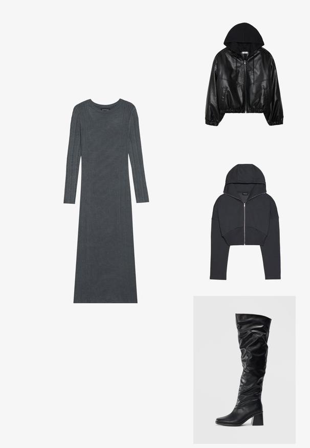 Chaqueta bomber de cuero sintético negra con una sudadera con capucha negra, cierre frontal con cremallera, cinturilla elástica y puños acanalados. Cuenta con bolsillos laterales y costuras.; Sudadera negra recortada de tejido suave, con cierre frontal, capucha grande y puños acanalados. Presenta un diseño minimalista sin patrones.; Vestido de manga larga de color gris oscuro hecho de un suave material de punto. Presenta rayas verticales texturizadas a lo largo de las mangas y el cuerpo. Cuello redondo.; Botas negras hasta la rodilla hechas de cuero brillante con un diseño arrugado, puntera afilada y un tacón grueso. Textura suave con un brillo sutil.