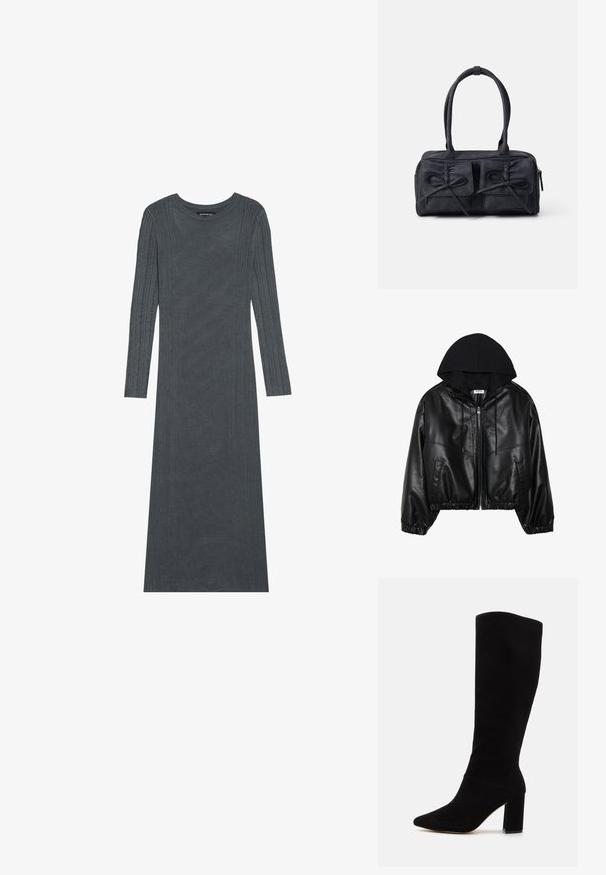 Must läikiv must faux nahk bomber-jakk musta kapuutsiga, tõmblukk ees, elastne vöökoht ja soonikkoes vars. Omab küljetaskuid ja õmblusi.; Pikkade varrukatega tumedashall kleit, mis on valmistatud pehmest kootud materjalist. Omab tekstuurilisi vertikaalseid ribaid varrukatel ja kehal. Ümar kaelus.; Must anguste musta saapad, mis on valmistatud sametist, terava varbaga, plokknummega ja sileda tekstuuriga, millel ei ole nähtavaid mustreid ega metallosi.; Mustmust kangas käekott kahe esi-taskuga, millel on paelte detailid, topelt käepidemed ja lukuga sulgemine. Pehme tekstuur ja ristkülikukujuline kuju.