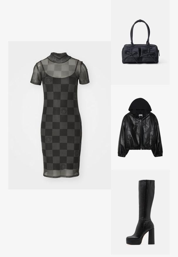 Zwarte neplederen bomberjack met een zwarte hoodie, ritssluiting aan de voorkant, elastische tailleband en ribbelmanchetten. Voorzien van zijzakken en stiksels.; Doorzichtige zwarte netjurk met korte mouwen, hoge halslijn en een geblokt patroon met cirkelvormige accentontwerpen. Strak aansluitende silhouette.; Zwarte kniehoge laarzen van glad leer met een gestructureerde afwerking, voorzien van een hoge blokhak en een ronde neus.; Zwarte stoffen handtas met twee voorzakken met strikdetails, dubbele handvatten en ritssluiting. Zachte textuur en rechthoekige vorm.