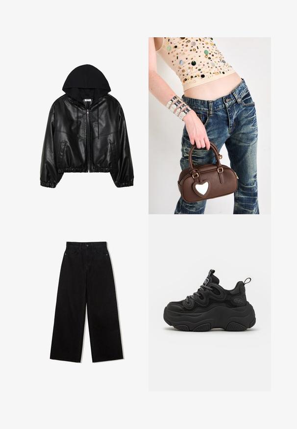Črna bomber jakna iz umetnega usnja z črno kapuco, z zadrgo spredaj, elastičnim pasom in rebrastimi manšetami. Ima stranske žepke in šive.; Bodysuit z leopardjim vzorcem s krožnim izrezom, brez rokavov, mehke tkanine in gumbom za zapiranje na dnu. Barvna paleta vključuje bež in črno.; Črne široke kavbojke iz denima z visokim pasom, ki imajo pet žepov in en gumb za zapiranje spredaj.; Črne športne copate s robustnim dizajnom, ki imajo teksturirano zgornje platno, mrežaste dele in debel gumijast podplat. Očitne so tudi odsevne vezalke in detajli blagovne znamke.; Rjava usnjena torbica s poudarkom v obliki srca, zaobljene oblike, z zlatim okovjem, jo drži roka; v kombinaciji z postaranym jeansom in bisernim vrhom.