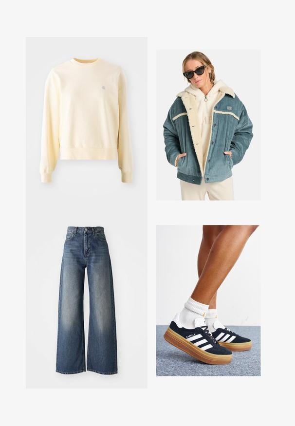 Oversized teal corduroy jacket with beige sherpa lining and contrasting white stitching, featuring snap buttons and side pockets.; Light yellow sweatshirt with long sleeves, crew neckline, ribbed cuffs, and a small logo on the chest. Made from soft, textured fabric.; Blue high-waisted wide-leg jeans with front button and pockets, faded texture on thighs and a straight hem.; Black suede sneakers with white stripes and accents, rounded toe, gum rubber outsole, paired with white ribbed crew socks.