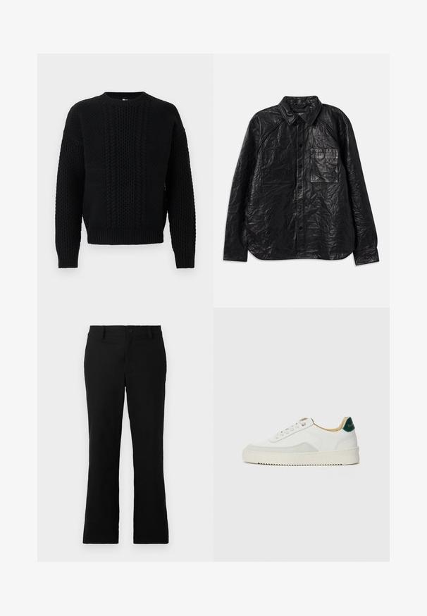 Must must shirt, millekortne tekstuuriga, millel on kaks rinna taskut, nööpkinnis ja klassikaline krae. Pika varrukaga ja mugavalt lõdva lõikega.; Mustast kudumaterjalist kampsun, millel on punutiste ja vahvlimustrid, ümara kaelusega, pikad varrukad ning soonikkoes mansetid ja alumine äär.; Mustad laiad püksid, mis on valmistatud puuvillase segukanga, millel on nööbikinnitus, vöökohad ja sile tekstuur, ilma nähtavate mustriteta.; Valged tennisjalanõud, millel on sametised aktsendid, ümar varvas, lame nöörid ja kreemjas kummine põhja. Hästi nähtav roheline bränding kannal.