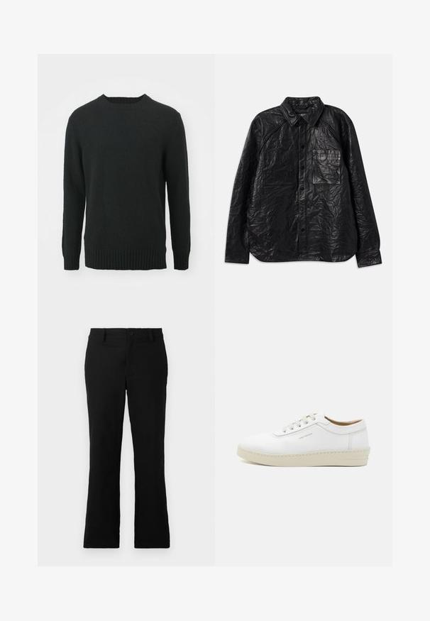 Cămașă din piele neagră cu o textură plisată, având două buzunare pe piept, închidere cu nasturi și un guler clasic. Mâneci lungi și croială relaxată.; NN.07 LEE - Pulover - black; Pantaloni negri evazați dintr-un amestec de bumbac, având închidere cu nasture, cleme pentru curea și o textură netedă, fără modele vizibile.; Sneaker alb din piele cu un finisaj texturat, vârf rotund, talpă din cauciuc bej și șase ochiuri pentru șireturi gri, având un logo subtil pe lateral.