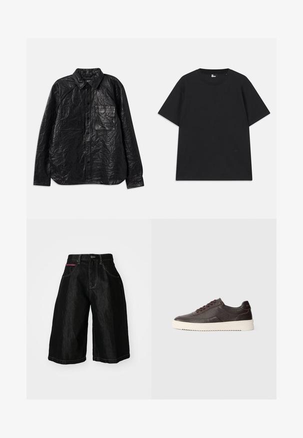 Mustapahka nahkatakki, jossa on rypistynyt pinta, kahdella rintataskulla, napitus edessä ja klassinen kaulus. Pitkät hihat ja rento malli.; Musta lyhythihainen t-paita, joka on valmistettu puuvillasta. Paita on pyöreäkauluksinen ja siinä on pieni logo yksityiskohta helman lähellä. Tasainen pinta, normaali istuvuus.; Mustat farkkushortsit, joissa on leveät lahkeet, viisi taskua, napitus ja hyvin näkyvä ommel. Yhdessä taskussa on punainen yksityiskohta.; Tummanruskeat nahkakengät, joissa on teksturoitu pinta, pyöreä kärki ja kontrastivärinen kermanvärinen kumipohja. Varustettu nauhoilla ja hienovaraisilla ompelutyynyillä.