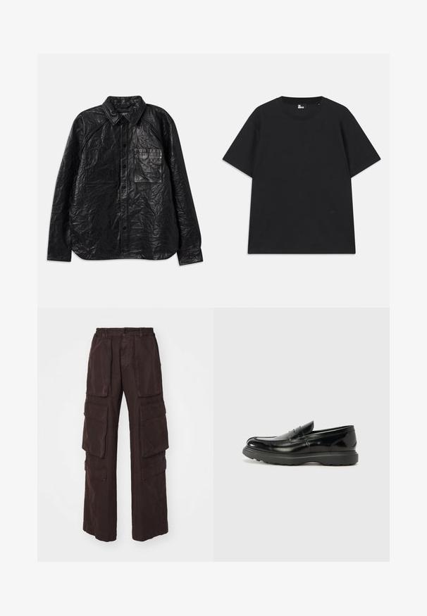 Black leather shirt with a crinkled texture, featuring two chest pockets, button closure, and a classic collar. Long sleeves and relaxed fit.; Black short-sleeve t-shirt made of cotton, featuring a round neckline and a small logo detail near the hem. Smooth texture, regular fit.; Brown cargo pants featuring a wide-leg design, multiple large pockets, elastic waistband, and a soft, textured fabric.; Black leather loafer with a glossy finish, rounded toe, subtle stitching details, and a thick rubber sole for durability.