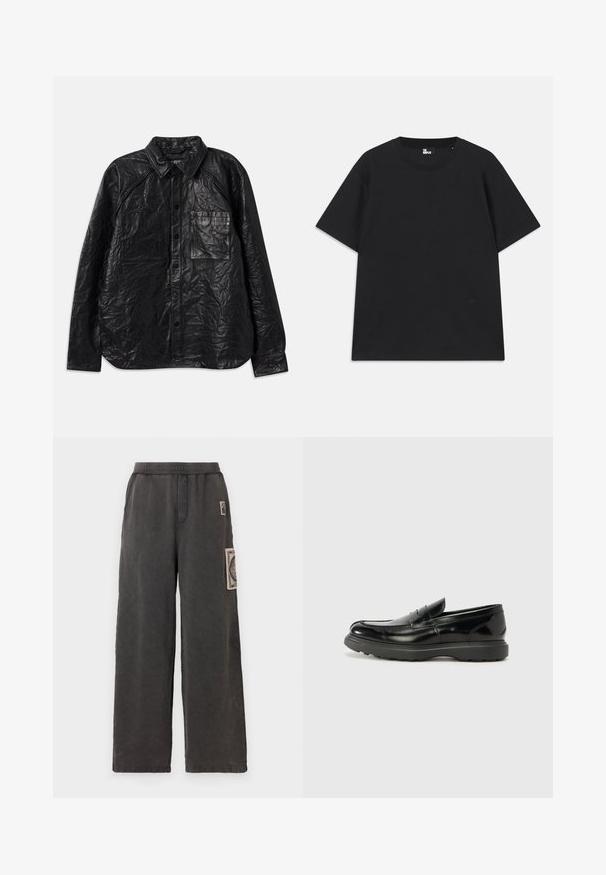 Black leather shirt with a crinkled texture, featuring two chest pockets, button closure, and a classic collar. Long sleeves and relaxed fit.; Black short-sleeve t-shirt made of cotton, featuring a round neckline and a small logo detail near the hem. Smooth texture, regular fit.; Wide-leg trousers in dark gray fabric, featuring a decorative patch on the front pocket and an elastic waistband for comfort.; Black leather loafer with a glossy finish, rounded toe, subtle stitching details, and a thick rubber sole for durability.