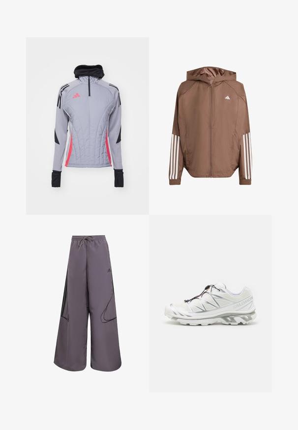 Hnědá lehká bunda s kapucí, na zip vpředu a elastickými manžetami. Obsahuje bílé pruhy na rukávech a malé logo na hrudi.; Šedá bunda s dlouhým rukávem a růžovými a černými akcenty, s vysokým límcem, čtvrtinovým zipem a polstrovanou texturou s vertikálním prošíváním.; Fialové široké kalhoty vyrobené z lehkého materiálu, s páskem na stažení, bočními kapsami, černými akcenty a detailem loga.; Bílé sportovní boty s texturovaným svrškem, reflexními detaily a šedou podešví. Vyznačují se akcentovanými trojúhelníkovými vzory a systémem rychlého šněrování.