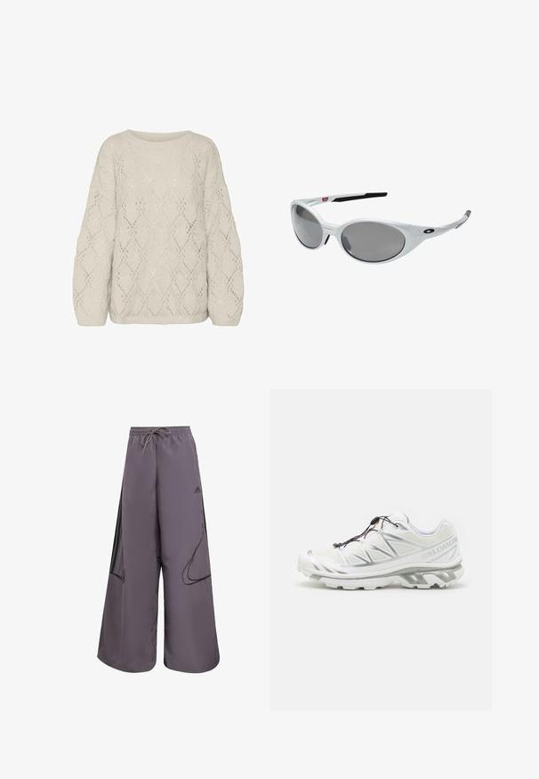 Giacca leggera marrone con cappuccio, chiusura con zip e polsini elasticizzati. Presenta strisce bianche sulle maniche e un piccolo logo sul petto.; Maglione lavorato a maglia beige chiaro con motivo a rombi in pizzo, scollatura rotonda e maniche lunghe e morbide. Tessuto testurizzato e traspirante.; Pantaloni larghi viola realizzati in tessuto leggero, con vita regolabile, tasche laterali, dettagli neri e logo.; Scarpa sportiva bianca con upper testurizzato, dettagli riflettenti e suola grigia. Presenta motivi triangolari accentuati e un sistema di lacci rapidi.; Occhiali da sole bianchi in plastica con grandi lenti ovali, leggermente grigie. Presentano gommature nere sulle orecchie e un piccolo logo sulla montatura. Finitura liscia.