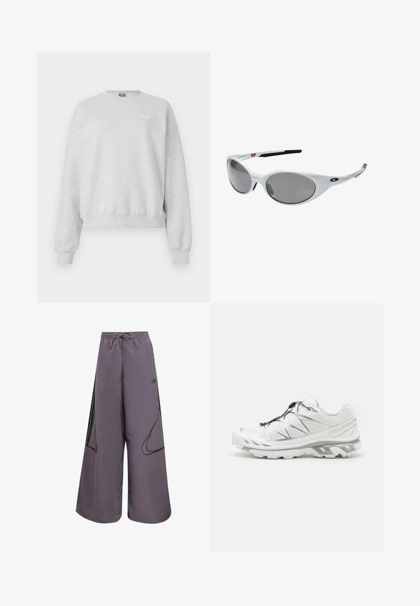 Hnědá lehká bunda s kapucí, na zip vpředu a elastickými manžetami. Obsahuje bílé pruhy na rukávech a malé logo na hrudi.; Šedá mikina z měkké bavlněné směsi, s kulatým výstřihem, dlouhými rukávy a ribbovaným lemem. Malý logový detail na přední straně.; Fialové široké kalhoty vyrobené z lehkého materiálu, s páskem na stažení, bočními kapsami, černými akcenty a detailem loga.; Bílé sportovní boty s texturovaným svrškem, reflexními detaily a šedou podešví. Vyznačují se akcentovanými trojúhelníkovými vzory a systémem rychlého šněrování.; Bílé plastové sluneční brýle s velkými oválnými skly, šedě tónovanými. Mají černé držáky na uši a malé logo na rámu. Hladký povrch.