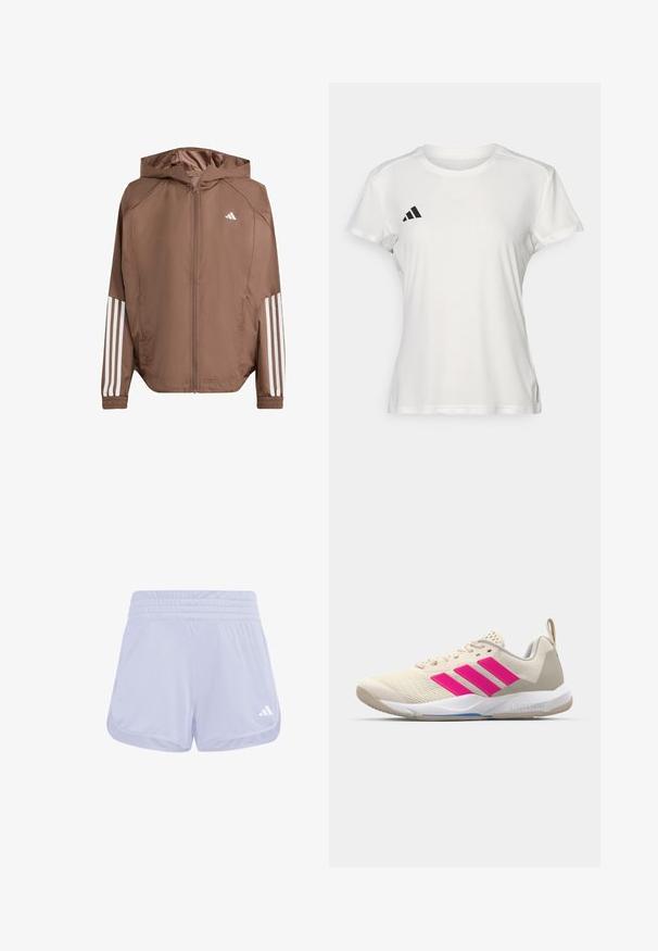 Chaqueta ligera marrón con capucha, cierre de cremallera frontal y puños elásticos. Presenta franjas blancas en las mangas y un pequeño logo en el pecho.; Camiseta deportiva blanca hecha de tejido que absorbe la humedad. Mangas cortas, cuello redondo, presenta un logo negro y un emblema de tres rayas en el lado izquierdo del pecho.; Pantalones cortos deportivos de color púrpura claro con una textura suave, cinturilla elástica y logo blanco de Adidas en la esquina inferior derecha.; Zapatilla deportiva beige con logo de tres rayas rosa, parte superior de malla texturizada, cuello acolchado y suela de goma blanca, con la marca "LIGHTSTRIKE".