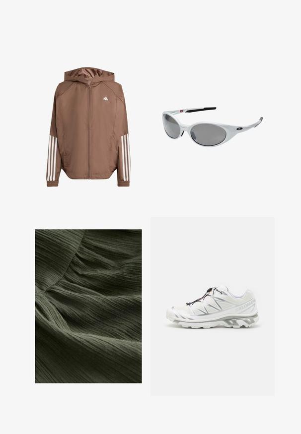 Brown lightweight jacket with a hood, zip front, and elastic cuffs. Features white stripes on sleeves and a small logo on the chest.; Long-sleeve athletic shirt in white fabric, featuring a rounded neckline and black Adidas logo on the left shoulder and side accent.; Green pleated fabric close-up, featuring a soft, textured surface with thin, wavy lines and a lightweight, flowing appearance.; White athletic shoe with a textured upper, reflective accents, and a grey sole. Features accentuated triangular patterns and a quick-lace system.; White plastic sunglasses with large oval lenses, gray tinted. Features black ear grips and a small logo on the frame. Smooth finish.