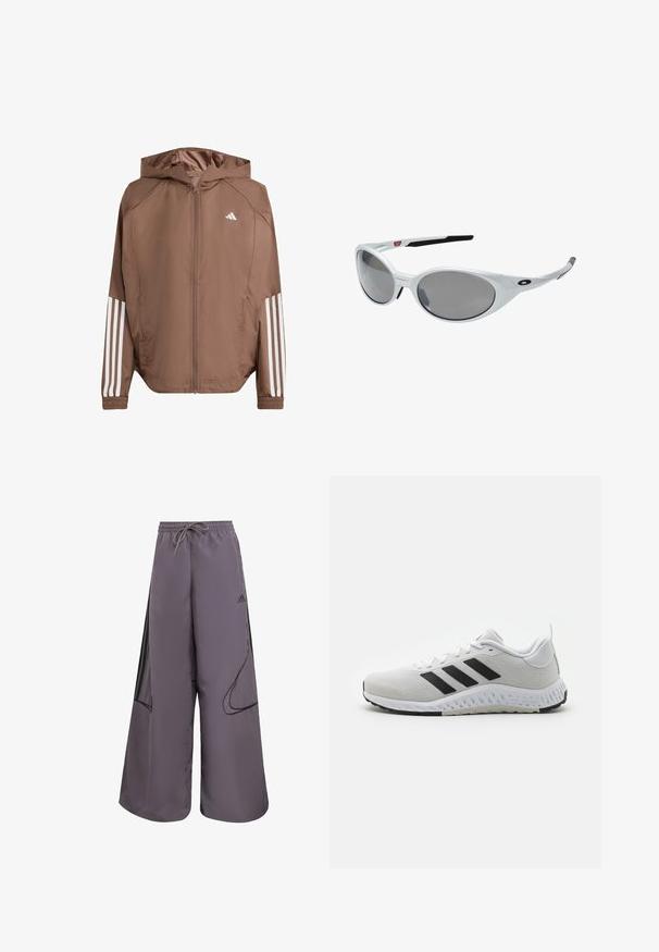 Brązowa, lekka kurtka z kapturem, zapinana na zamek, z elastycznymi mankietami. Posiada białe paski na rękawach oraz małe logo na klatce piersiowej.; Koszulka sportowa z długim rękawem w białym kolorze, z okrągłym dekoltem i czarnym logo Adidas na lewym ramieniu oraz bocznym akcentem.; Fioletowe spodnie typu wide-leg wykonane z lekkiego materiału, z elastycznym paskiem w talii, bocznymi kieszeniami, czarnymi akcentami i detalem z logo.; Białe buty sportowe z czarnymi paskami, siateczkowa cholewka, gumowa podeszwa i teksturowane akcenty. Posiadają okrągły czubek i wyściełany kołnierz.; Białe plastikowe okulary przeciwsłoneczne z dużymi owalnymi soczewkami o szarym zabarwieniu. Posiadają czarne wkładki na uszy oraz małe logo na ramce. Gładkie wykończenie.