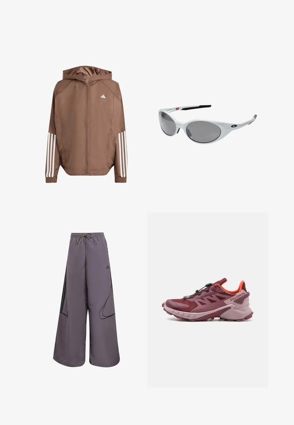 Giacca leggera marrone con cappuccio, chiusura con zip e polsini elasticizzati. Presenta strisce bianche sulle maniche e un piccolo logo sul petto.; Maglietta sportiva a maniche lunghe in tessuto bianco, con colletto rotondo e logo Adidas nero sulla spalla sinistra e sul lato.; Pantaloni larghi viola realizzati in tessuto leggero, con vita regolabile, tasche laterali, dettagli neri e logo.; Scarpe da trail running in bordeaux e rosa. Caratterizzano una tomaia in rete, una suola leggera e una trazione dinamica con tacchetti visibili. Incluso un sistema di allacciatura elastico.; Occhiali da sole bianchi in plastica con grandi lenti ovali, leggermente grigie. Presentano gommature nere sulle orecchie e un piccolo logo sulla montatura. Finitura liscia.