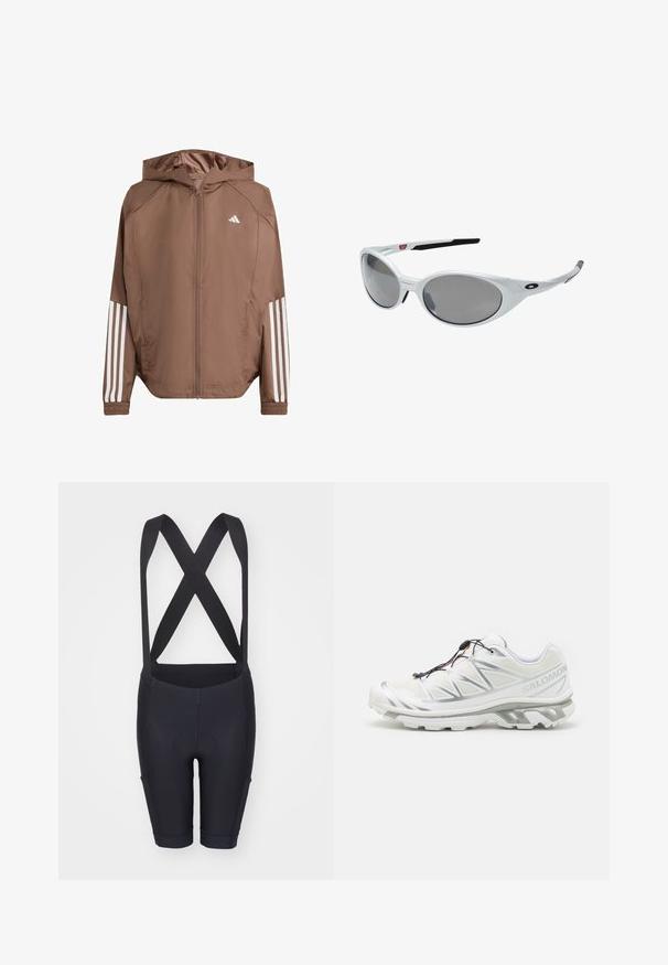 Hnedá ľahká bunda s kapucňou, so zipsom na prednej strane a elastickými manžetami. Obsahuje biele pruhy na rukávoch a malé logo na hrudníku.; Dlhý rukáv športová košeľa z bielej látky s okrúhlym výstrihom a čiernym logom Adidas na ľavom ramene a bočnom akcentu.; Čierne cyklistické šortky so šatkami, s hladkou textúrou, polstrovanou sedacou časťou a priliehavým dizajnom pre pohodlie a podporu.; Biele športové topánky s textúrovaným zvrškom, reflexnými akcentmi a sivou podrážkou. Obsahuje zvýraznené trojuholníkové vzory a systém rýchleho šnurovania.; Biele plastové slnečné okuliare s veľkými oválnymi šošovkami, šedými tónovanými. Vlastnosti zahŕňajú čierne ušné úchyty a malé logo na ráme. Hladký povrch.
