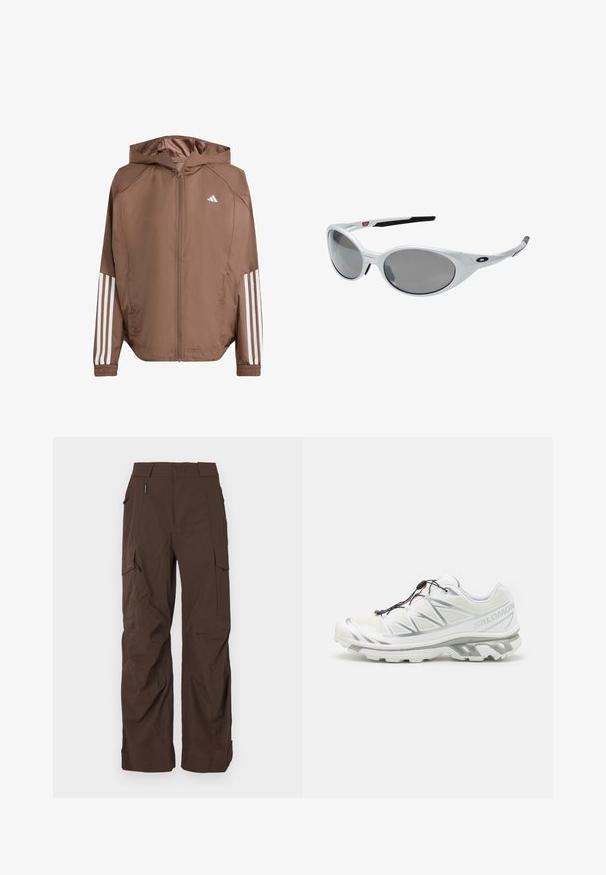 Hnědá lehká bunda s kapucí, na zip vpředu a elastickými manžetami. Obsahuje bílé pruhy na rukávech a malé logo na hrudi.; Sportovní dlouhý rukáv ve bílé barvě, s kulatým výstřihem a černým logem Adidas na levém rameni a bočním akcentu.; Hnědé cargo kalhoty se rovný střih, vyrobené z odolné látky. Obsahují několik kapes a bezpečný design pasu.; Bílé sportovní boty s texturovaným svrškem, reflexními detaily a šedou podešví. Vyznačují se akcentovanými trojúhelníkovými vzory a systémem rychlého šněrování.; Bílé plastové sluneční brýle s velkými oválnými skly, šedě tónovanými. Mají černé držáky na uši a malé logo na rámu. Hladký povrch.