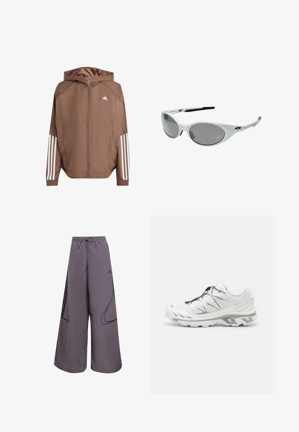Brązowa, lekka kurtka z kapturem, zapinana na zamek, z elastycznymi mankietami. Posiada białe paski na rękawach oraz małe logo na klatce piersiowej.; Koszulka sportowa z długim rękawem w białym kolorze, z okrągłym dekoltem i czarnym logo Adidas na lewym ramieniu oraz bocznym akcentem.; Fioletowe spodnie typu wide-leg wykonane z lekkiego materiału, z elastycznym paskiem w talii, bocznymi kieszeniami, czarnymi akcentami i detalem z logo.; Białe buty sportowe z teksturowanym wierzchem, odblaskowymi akcentami i szarym podbiciem. Posiadają wyraźne trójkątne wzory oraz system szybkiego sznurowania.; Białe plastikowe okulary przeciwsłoneczne z dużymi owalnymi soczewkami o szarym zabarwieniu. Posiadają czarne wkładki na uszy oraz małe logo na ramce. Gładkie wykończenie.