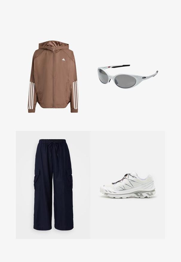 Brązowa, lekka kurtka z kapturem, zapinana na zamek, z elastycznymi mankietami. Posiada białe paski na rękawach oraz małe logo na klatce piersiowej.; Koszulka sportowa z długim rękawem w białym kolorze, z okrągłym dekoltem i czarnym logo Adidas na lewym ramieniu oraz bocznym akcentem.; Granatowe spodnie cargo charakteryzujące się luźnym krojem, elastycznym pasem z sznurkiem do regulacji oraz dwoma bocznymi kieszeniami. Wykonane z lekkiego materiału.; Białe buty sportowe z teksturowanym wierzchem, odblaskowymi akcentami i szarym podbiciem. Posiadają wyraźne trójkątne wzory oraz system szybkiego sznurowania.; Białe plastikowe okulary przeciwsłoneczne z dużymi owalnymi soczewkami o szarym zabarwieniu. Posiadają czarne wkładki na uszy oraz małe logo na ramce. Gładkie wykończenie.