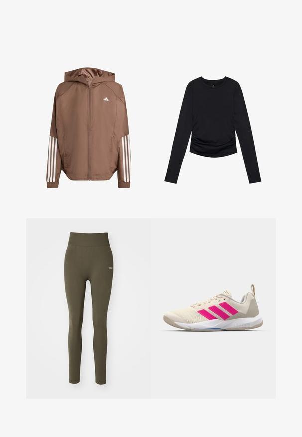 Giacca leggera marrone con cappuccio, chiusura con zip e polsini elasticizzati. Presenta strisce bianche sulle maniche e un piccolo logo sul petto.; Top nero a maniche lunghe con scollo rotondo e dettagli arricciati sui lati, esposto su uno sfondo bianco uniforme.; Leggings verde oliva con vita alta, realizzati in tessuto elasticizzato. Presentano un logo discreto sul lato sinistro e una texture liscia.; Scarpa sportiva beige con logo a tre strisce rosa, tomaia in rete testurizzata, collo imbottito e suola in gomma bianca, con il marchio "LIGHTSTRIKE".