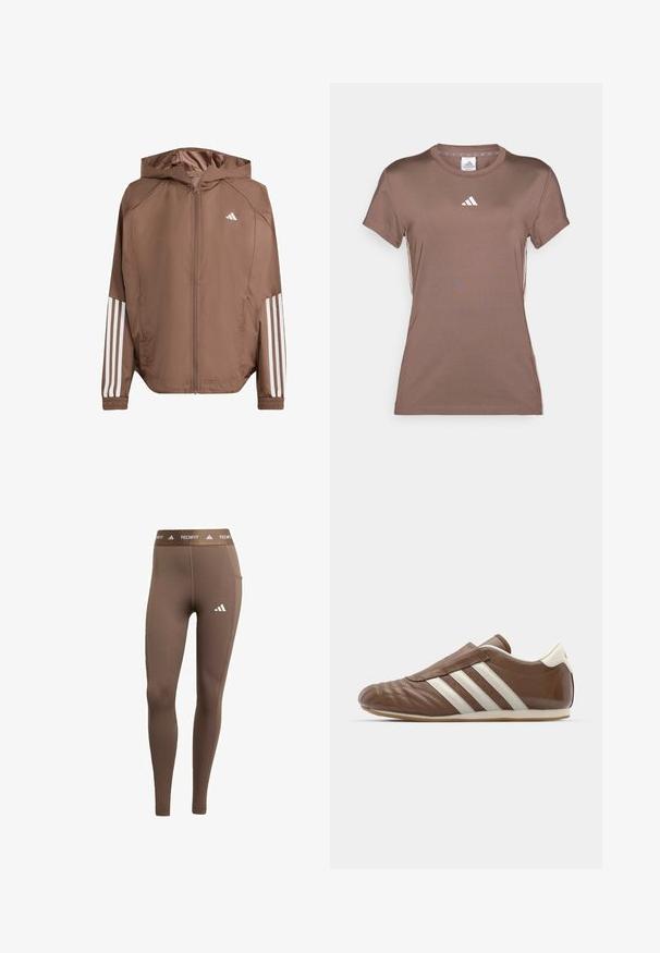 Vaaleanruskea kevyt takki, jossa on huppu, vetoketjusuljenta ja elastiset hihansuut. Täydennetty valkoisilla raidoilla hihoissa ja pienellä logolla rinnassa.; adidas Performance Tekninen t-paita - earth strata/white; Ruskeat urheiluhousut, jotka on valmistettu joustavasta materiaalista. Oikealla jalalla valkoinen logo ja brändätty vyötärönauha. Sileä pinta ja kapea malli.; adidas Originals TAEKWONDO - Loaferit/pistokkaat - preloved brown/off white
