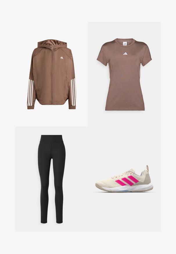 Braune leichte Jacke mit Kapuze, durchgehendem Reißverschluss und elastischen Bündchen. Sie verfügt über weiße Streifen an den Ärmeln und ein kleines Logo auf der Brust.; adidas Performance Sport T-Shirt - earth strata/white; Schwarze Leggings aus einem dehnbaren Material mit einem hohen Bund, featuring eine glatte Textur und keine sichtbaren Muster oder Akzente.; Beige Sportsschuh mit pinkem Dreistreifen-Logo, strukturiertem Mesh-Obermaterial, gepolstertem Schaft und weißer Gummisohle, mit "LIGHTSTRIKE"-Branding.