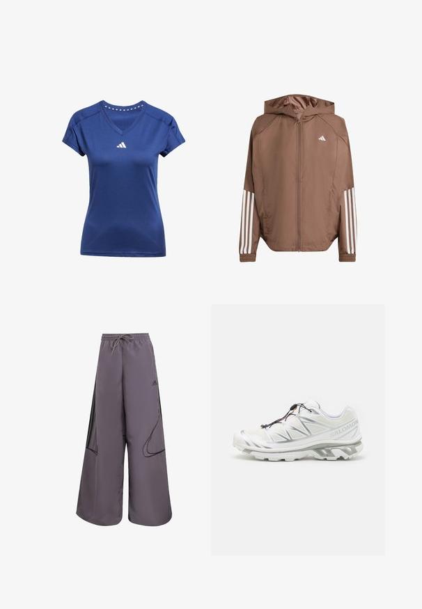 Brun lättviktjacka med huva, dragkedja fram och elastiska ärmslut. Har vita ränder på ärmarna och en liten logotyp på bröstet.; Mörkblå sportt-shirt med V-ringning, korta ärmar och en vit logotyp på bröstet. Har triangulära detaljer längs kragen.; Lila vida byxorna gjorda av lättviktig tyg, med dragsko i midjan, sidofickor, svarta detaljer och en logotyp.; Vit atletisk sko med en texturerad ovandel, reflekterande detaljer och en grå sula. Har framträdande triangulära mönster och ett snabb-snörningssystem.