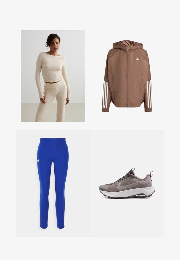 Brown lightweight jacket with a hood, zip front, and elastic cuffs. Features white stripes on sleeves and a small logo on the chest.; Beige ribbed long-sleeve top and matching high-waisted pants, soft texture, fitted design, minimalist style, with subtle stitching details.; Blue athletic leggings featuring a high waistband, made from stretchy material, with a white logo on the left hip and discreet hems.; Gray Nike trail running shoes with a textured upper, reinforced toe, cushioned midsole, and black rubber outsole. Laces and pull tab included.