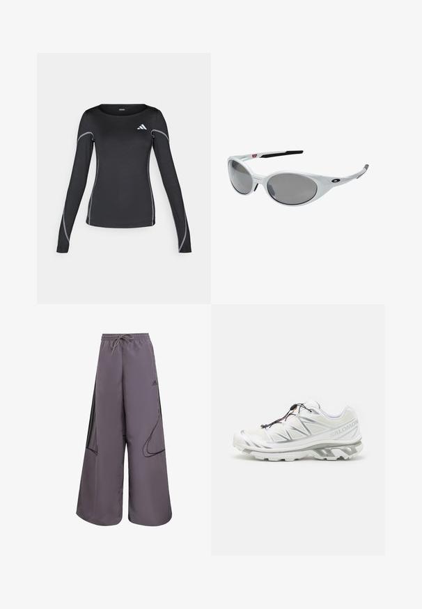 Smeđa lagana jakna s kapuljačom, prednjim zatvaračem i elastičnim manžetama. Sadrži bijele pruge na rukavima i mali logo na prsima.; Crna dugorukava sportska majica s okruglim izrezom i reflektirajućim srebrnim šavovima. Ima mali bijeli logo na gornjem lijevom dijelu.; Ljubičaste široke hlače izrađene od lagane tkanine, s elastičnim pojasom, bočnim džepovima, crnim akcentima i logotipom.; Bijela atletska cipela s teksturiranom površinom, reflektirajućim detaljima i sivim potplatom. Sadrži naglašene trokutaste uzorke i sustav brzog vezanja.; Bijele plastične naočale za sunce s velikim ovalnim lećama, sivo zatamnjene. Imaju crne uške i mali logotip na okviru. Glatka površina.