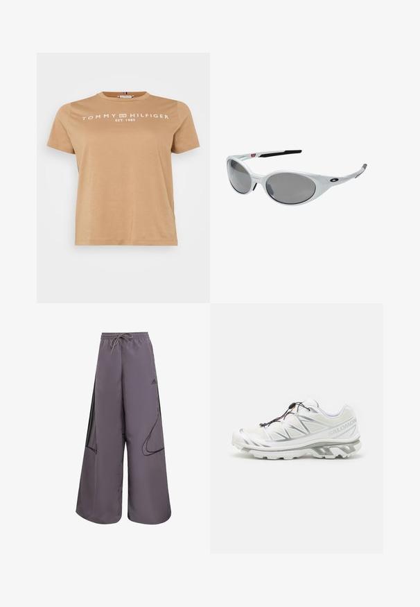 Hnědá lehká bunda s kapucí, na zip vpředu a elastickými manžetami. Obsahuje bílé pruhy na rukávech a malé logo na hrudi.; Khaki bavlněné tričko s kulatým výstřihem a krátkými rukávy. Na hrudi je bílé nápis "TOMMY HILFIGER EST. 1985".; Fialové široké kalhoty vyrobené z lehkého materiálu, s páskem na stažení, bočními kapsami, černými akcenty a detailem loga.; Bílé sportovní boty s texturovaným svrškem, reflexními detaily a šedou podešví. Vyznačují se akcentovanými trojúhelníkovými vzory a systémem rychlého šněrování.; Bílé plastové sluneční brýle s velkými oválnými skly, šedě tónovanými. Mají černé držáky na uši a malé logo na rámu. Hladký povrch.