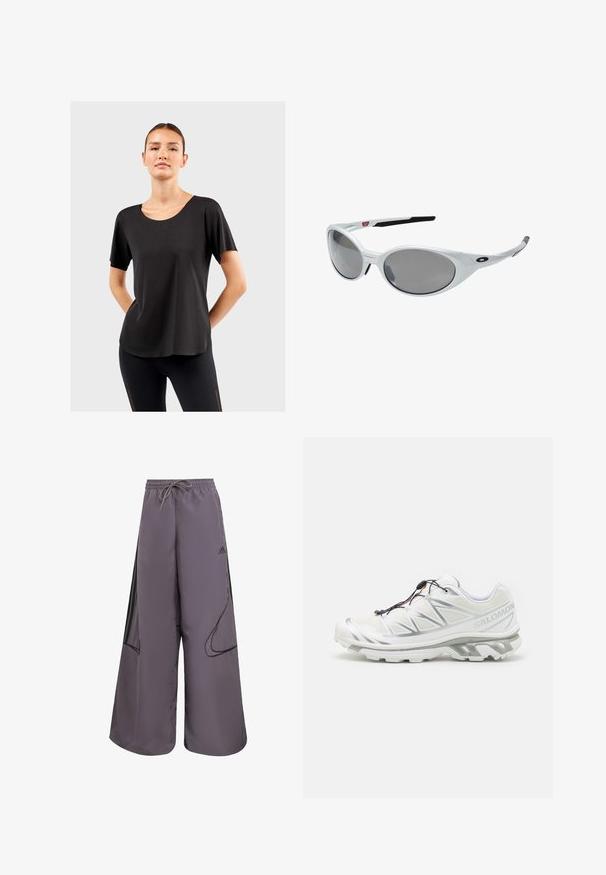 Chaqueta ligera marrón con capucha, cierre de cremallera frontal y puños elásticos. Presenta franjas blancas en las mangas y un pequeño logo en el pecho.; Camiseta negra de manga corta con cuello redondo, hecha de una tela suave, que presenta un corte relajado y un dobladillo curvado. Combinada con leggings negros.; Pantalones de pierna ancha morados, hechos de tela ligera, con cinturilla ajustable, bolsillos laterales, acentos negros y un detalle de logo.; Zapatilla deportiva blanca con parte superior texturizada, acentos reflectantes y suela gris. Presenta patrones triangulares acentuados y un sistema de cierre rápido.; Gafas de sol de plástico blanco con grandes lentes ovalados, tintados de gris. Presentan almohadillas negras para las orejas y un pequeño logotipo en el armazón. Acabado suave.
