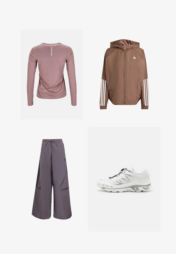 Bruine lichtgewicht jas met een capuchon, rits aan de voorkant en elastische manchetten. Bevat witte strepen op de mouwen en een klein logo op de borst.; Langarmshirt van zachtroze stof, met een gestructureerd patroon en een ronde halslijn. Etiket op de achterkant toont "Swedemount."; Paarse wijde broek van lichtgewicht stof, met een trekkoord in de taille, zijzakken, zwarte accenten en een logodetail.; Witte sportieve schoen met een gestructureerde bovenkant, reflecterende accenten en een grijze zool. Kenmerkt zich door geaccentueerde opvallende driehoekige patronen en een snelvetersysteem.