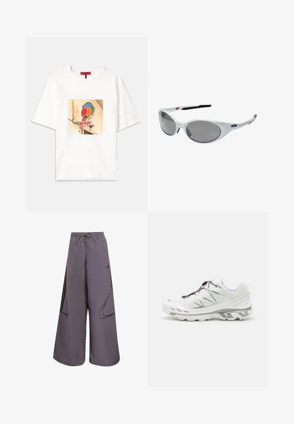 Veste légère marron avec capuche, fermeture éclair à l'avant et poignets élastiques. Présente des rayures blanches sur les manches et un petit logo sur la poitrine.; T-shirt en coton blanc avec un graphique carré représentant des cornets de glace colorés et le mot "BAR" en rouge, positionné au centre à l'avant.; Pantalons larges violets en tissu léger, dotés d'une taille à cordon, de poches latérales, d'accents noirs et d'un détail de logo.; Chaussure de sport blanche avec un dessus texturé, des accents réfléchissants et une semelle grise. Présente des motifs triangulaires accentués et un système de laçage rapide.; Lunettes de soleil en plastique blanc avec de grandes lentilles ovales, teintées en gris. Caractéristiques de plaquettes noires et d'un petit logo sur la monture. Fini lisse.