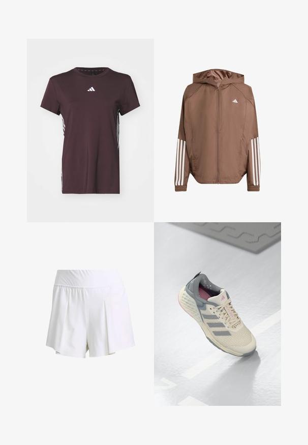 Brown lightweight jacket with a hood, zip front, and elastic cuffs. Features white stripes on sleeves and a small logo on the chest.; adidas Performance Sports T-shirt - shadow brown/white; White athletic shorts featuring an elastic waistband, pleated design, and smooth, lightweight fabric. Suitable for active wear.; Beige athletic shoe with gray accents, mesh upper, and a textured sole. Features three gray stripes and pink interior details.