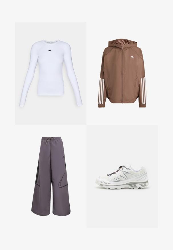 Bruine lichtgewicht jas met een capuchon, rits aan de voorkant en elastische manchetten. Bevat witte strepen op de mouwen en een klein logo op de borst.; Langarmige witte sport T-shirt van rekbare stof, met een ronde hals en een klein zwart logo op de borst.; Paarse wijde broek van lichtgewicht stof, met een trekkoord in de taille, zijzakken, zwarte accenten en een logodetail.; Witte sportieve schoen met een gestructureerde bovenkant, reflecterende accenten en een grijze zool. Kenmerkt zich door geaccentueerde opvallende driehoekige patronen en een snelvetersysteem.