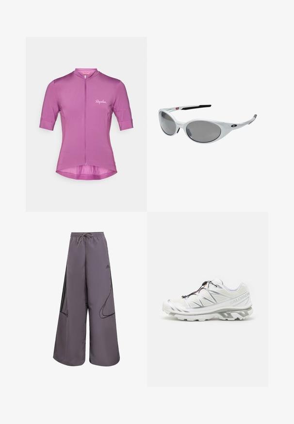 Brown lightweight jacket with a hood, zip front, and elastic cuffs. Features white stripes on sleeves and a small logo on the chest.; Short-sleeve cycling jersey in bright purple, featuring a front zipper, structured fit, and subtle "Rapha." logo printed on the chest.; Purple wide-leg pants made of lightweight fabric, featuring a drawstring waist, side pockets, black accents, and a logo detail.; White athletic shoe with a textured upper, reflective accents, and a grey sole. Features accentuated triangular patterns and a quick-lace system.; White plastic sunglasses with large oval lenses, gray tinted. Features black ear grips and a small logo on the frame. Smooth finish.