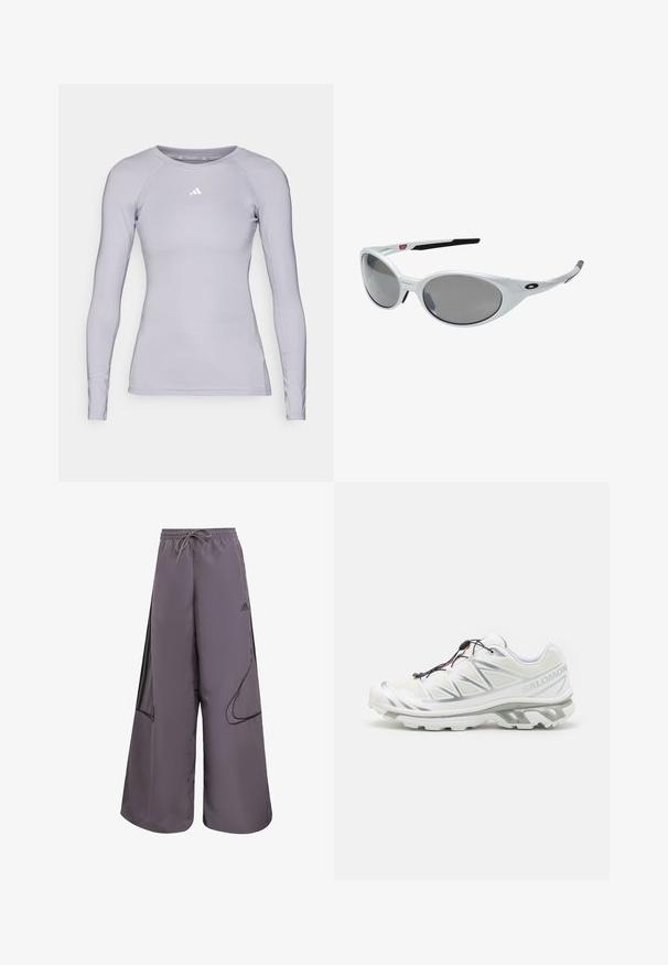 Hnedá ľahká bunda s kapucňou, so zipsom na prednej strane a elastickými manžetami. Obsahuje biele pruhy na rukávoch a malé logo na hrudníku.; adidas Performance Top s dlhým rukávom - glory grey; Fialové široké nohavice vyrobené z ľahkého materiálu, s elastickým pásom na šnúrku, bočnými vreckami, čiernymi detailmi a logom.; Biele športové topánky s textúrovaným zvrškom, reflexnými akcentmi a sivou podrážkou. Obsahuje zvýraznené trojuholníkové vzory a systém rýchleho šnurovania.; Biele plastové slnečné okuliare s veľkými oválnymi šošovkami, šedými tónovanými. Vlastnosti zahŕňajú čierne ušné úchyty a malé logo na ráme. Hladký povrch.