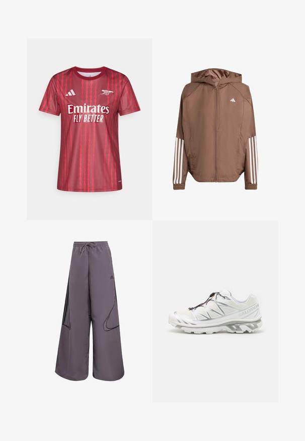 Braune leichte Jacke mit Kapuze, durchgehendem Reißverschluss und elastischen Bündchen. Sie verfügt über weiße Streifen an den Ärmeln und ein kleines Logo auf der Brust.; Rotes Sporttrikot mit kurzen Ärmeln, das Zickzackmuster, ein weißes "Emirates Fly Better"-Logo und das Adidas-Logo auf der Brust zeigt. Glatte Stoffstruktur.; Lila Weite-Hosen aus leichtem Material mit einem Kordelzugbund, seitlichen Taschen, schwarzen Akzenten und einem Logodetail.; Weißer Sportschuh mit strukturiertem Obermaterial, reflektierenden Akzenten und grauer Sohle. Verfügt über betonte dreieckige Muster und ein Schnellschnürsystem.