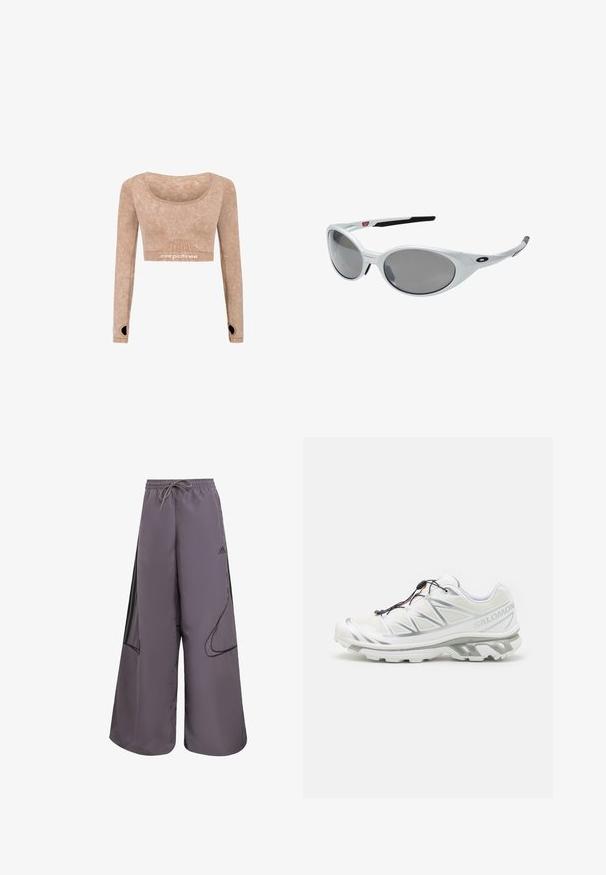 Hnedá ľahká bunda s kapucňou, so zipsom na prednej strane a elastickými manžetami. Obsahuje biele pruhy na rukávoch a malé logo na hrudníku.; Dlhý rukáv skrátený top v svetlohnedej farbe, vyrobený z mäkkej tkaniny s hladkou textúrou; má výstrih s okrúhlym výrezom a detaily na rukávoch pre vsunutie palca.; Fialové široké nohavice vyrobené z ľahkého materiálu, s elastickým pásom na šnúrku, bočnými vreckami, čiernymi detailmi a logom.; Biele športové topánky s textúrovaným zvrškom, reflexnými akcentmi a sivou podrážkou. Obsahuje zvýraznené trojuholníkové vzory a systém rýchleho šnurovania.; Biele plastové slnečné okuliare s veľkými oválnymi šošovkami, šedými tónovanými. Vlastnosti zahŕňajú čierne ušné úchyty a malé logo na ráme. Hladký povrch.