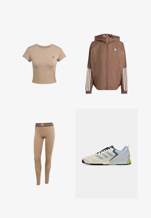Hnědá lehká bunda s kapucí, na zip vpředu a elastickými manžetami. Obsahuje bílé pruhy na rukávech a malé logo na hrudi.; Beige sportovní zkrácený tričko s krátkým rukávem, žebrovaná dolní část a decentní logo na hrudi. Hladká textura, přiléhavý střih.; Béžové legíny s texturovaným tmavě hnědým pasem, s zakřivenými švy a přiléhavým střihem, vhodné pro sportovní oblečení.; Lehké sportovní boty s krémovou síťovinovou svrchní částí, šedými pruhy, zeleným akcentem a texturovaným modrým patním kontrastem. Černé tkaničky.