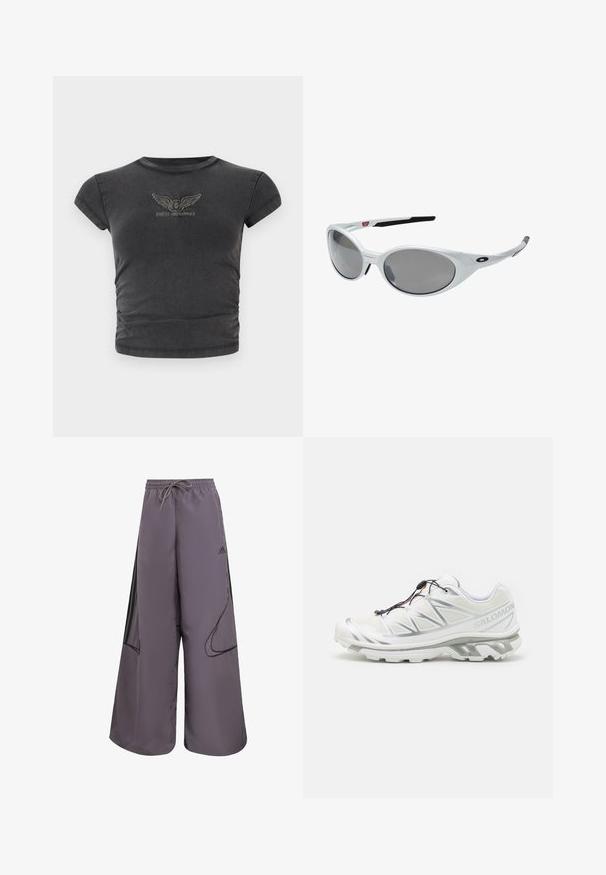 Brown lightweight jacket with a hood, zip front, and elastic cuffs. Features white stripes on sleeves and a small logo on the chest.; Black short-sleeve cropped t-shirt made of soft fabric, featuring an embroidered winged logo with "GUESS ORIGINALS" in an arch.; Purple wide-leg pants made of lightweight fabric, featuring a drawstring waist, side pockets, black accents, and a logo detail.; White athletic shoe with a textured upper, reflective accents, and a grey sole. Features accentuated triangular patterns and a quick-lace system.; White plastic sunglasses with large oval lenses, gray tinted. Features black ear grips and a small logo on the frame. Smooth finish.