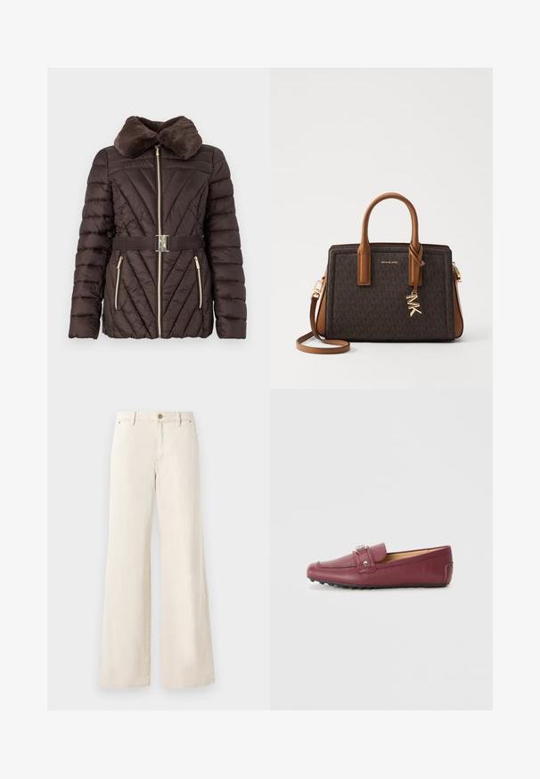 Chaqueta de plumas marrón con un cuello de pelo sintético, patrón de acolchado diagonal, cremallera dorada y cinturón a juego con hebilla plateada.; Top blanco sin mangas de tela suave, con escote redondo y sutiles pliegues en los hombros, con un dobladillo curvado.; Pantalones de corte ancho beige hechos de algodón con una textura suave. Cuentan con un cierre de botón, bolsillos frontales y un diseño de cinturilla clásico.; Mocasines de cuero burdeos con punta redonda, tira decorativa, herrajes en tono plateado y suela de goma texturizada para mayor agarre.; MICHAEL Michael Kors LAILA SATCHEL - Bolso de mano - brown