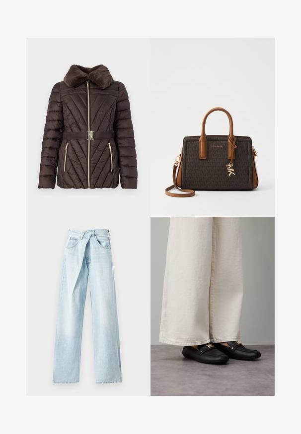 Ruskea puffatakki, jossa on tekoturkistakki, vinoruutuinen kuvio, kultainen vetoketju ja samasta kankaasta valmistettu vyö, jossa on hopeanvärinen solki.; Valkoinen hihaton paita, joka on valmistettu sileästä kankaasta, pyöreällä kaula-aukolla ja hienovaraisilla pussituksilla hartioissa, kaarevalla helman ihanalla muotoilulla.; Vaaleansiniset väljät farkut, jotka on valmistettu denimmateriaalista ja joissa on ainutlaatuinen ristiintaittuva vyötärö ja viiden taskun muotoilu. Sileä pinta ja suorat leikkaukset.; Mustat nahkakengät, joissa on kultaiset metallikoristeet, yhdistetty leveisiin, kermaan värjättyihin housuihin. Kenkien pinta on sileä ja muoto pyöreä.; MICHAEL Michael Kors LAILA SATCHEL - Käsilaukku - brown
