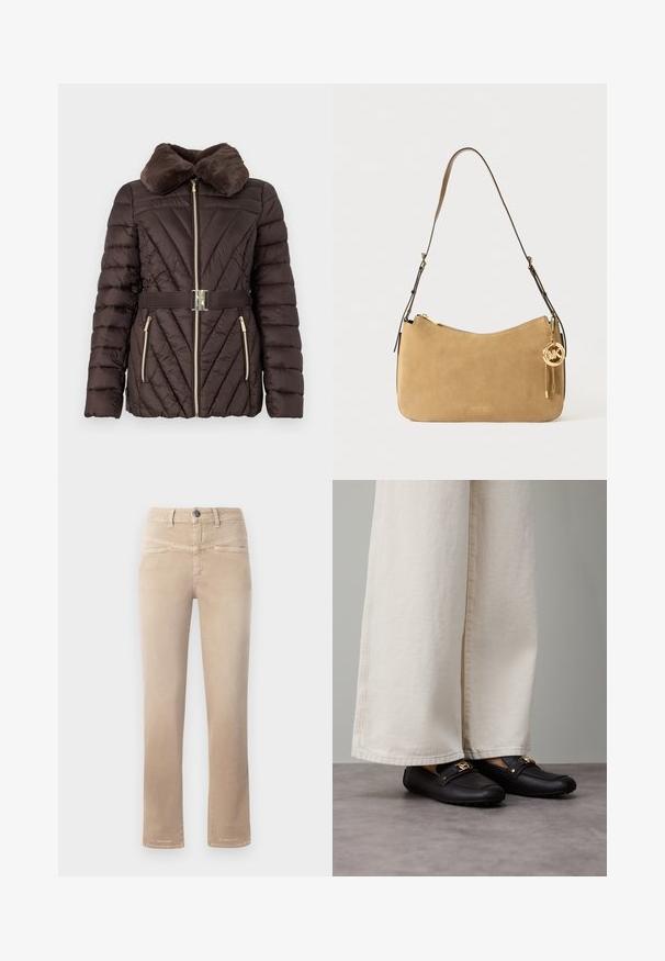 Casaco puffer castanho com colarinho de pele sintética, padrão acolchoado diagonal, fecho dourado e cinto combinando com fivela prateada.; Top branco sem mangas feito de um tecido liso, com um decote redondo e pregas subtis nos ombros, apresentando uma bainha curva.; Jeans beige de perna reta feitos de tecido macio, com fecho de botão na frente, dois bolsos frontais e detalhes de costura discretos.; Mocassins pretos de couro com detalhes em metal dourado, usados com calças largas de cor creme, mostrando uma textura suave e formato arredondado.; Bolsa de ombro em camurça bege com um formato curvado, ferragens douradas e fecho de zipper. Apresenta um charme anexado com as iniciais "MK."
